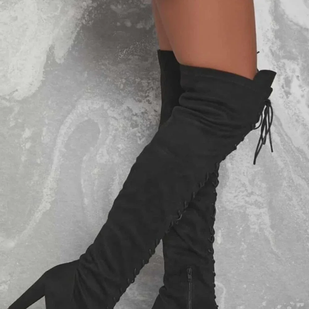 Faux Suede Lace-Up Bow Decor Thigh-High Boots Size 8